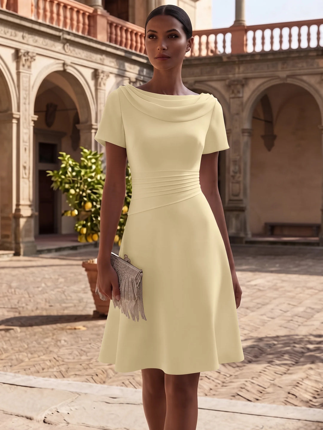 Robe de Cocktail Ligne A/Princesse en Satin Élastique Col Drapé Longueur Genou Froncée Manches Courtes
