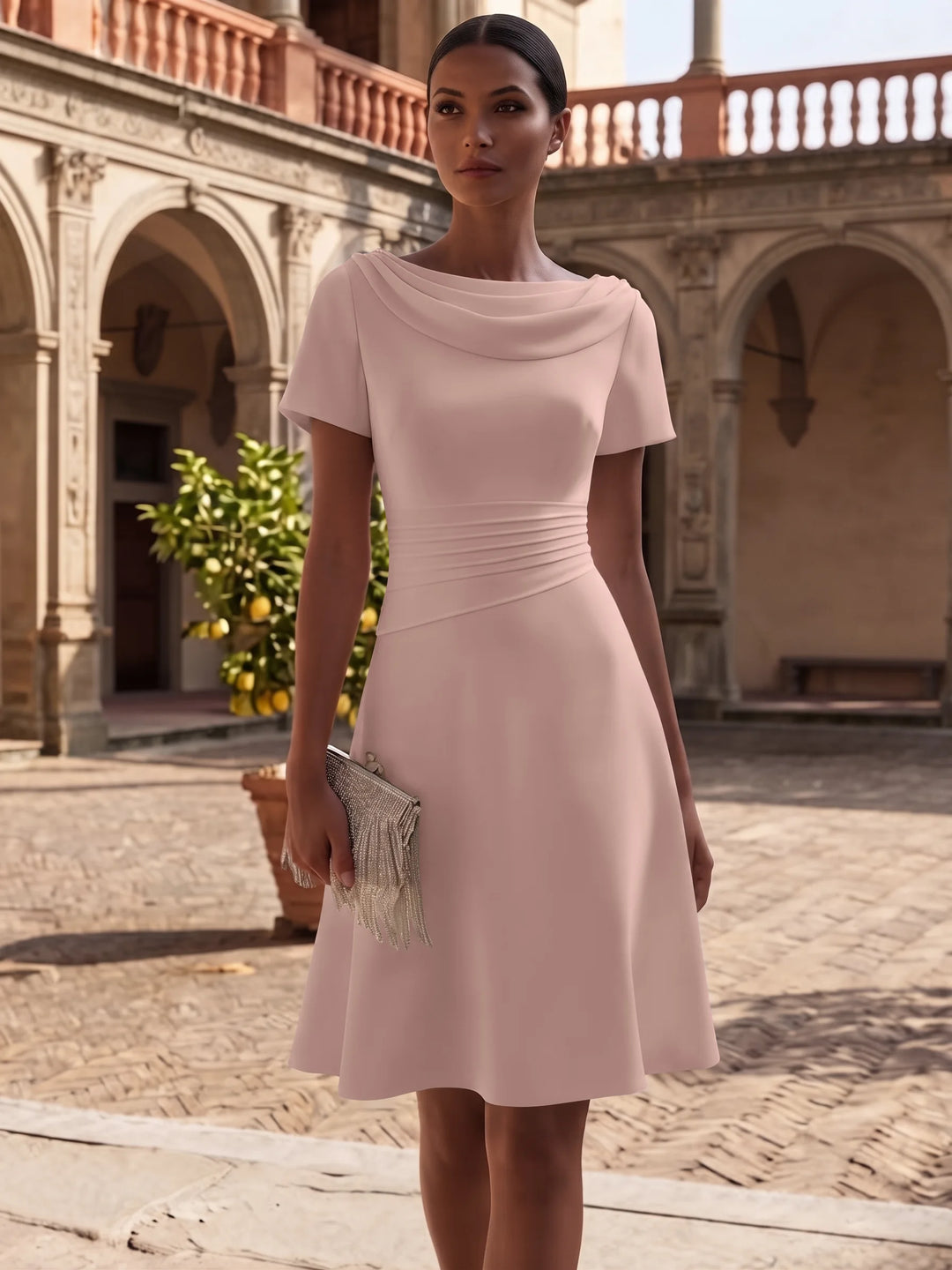 Robe de Cocktail Ligne A/Princesse en Satin Élastique Col Drapé Longueur Genou Froncée Manches Courtes