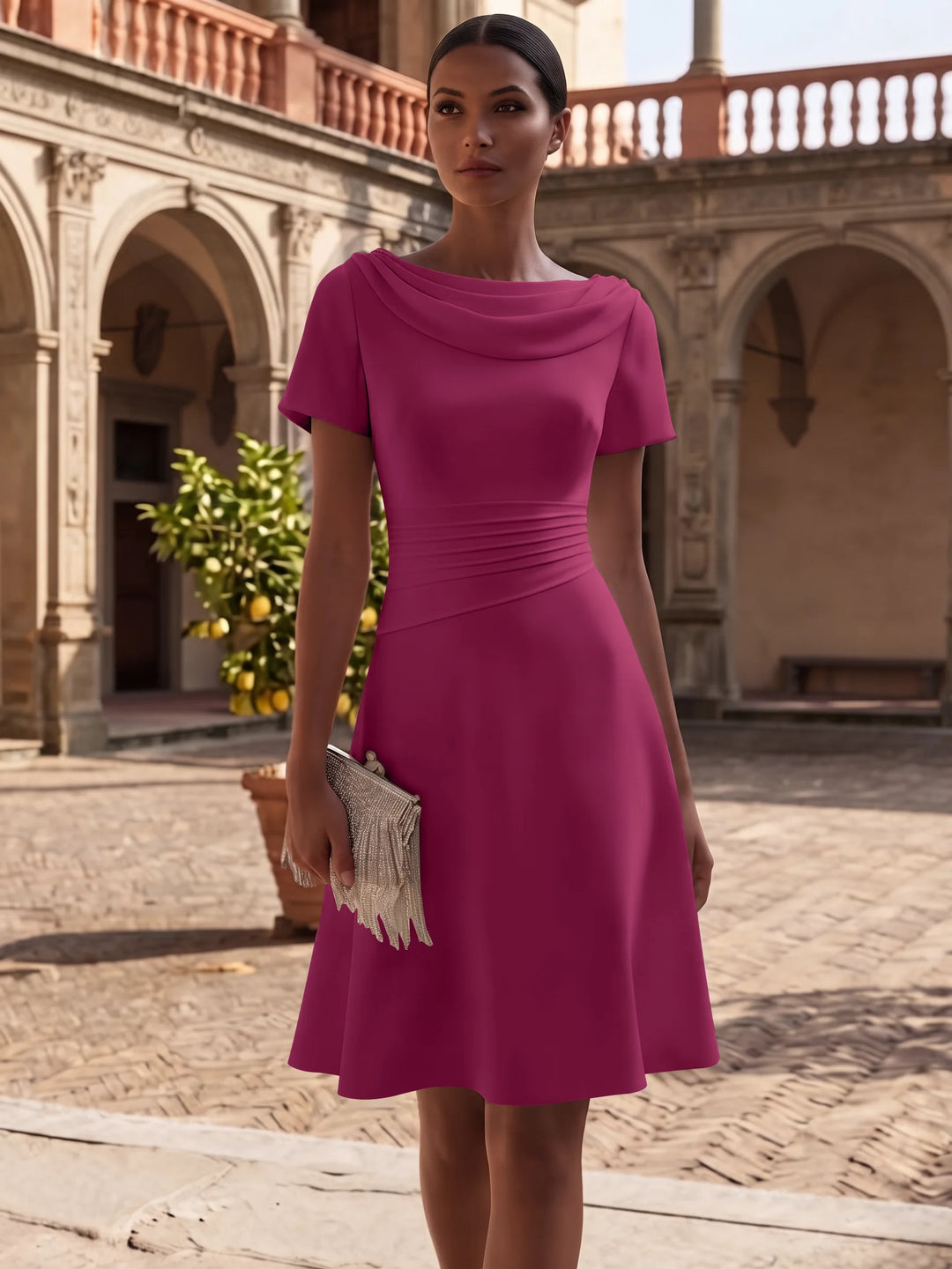 Robe de Cocktail Ligne A/Princesse en Satin Élastique Col Drapé Longueur Genou Froncée Manches Courtes