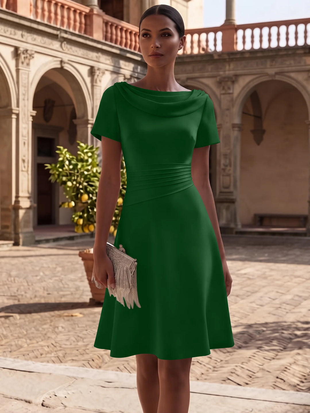 Robe de Cocktail Ligne A/Princesse en Satin Élastique Col Drapé Longueur Genou Froncée Manches Courtes