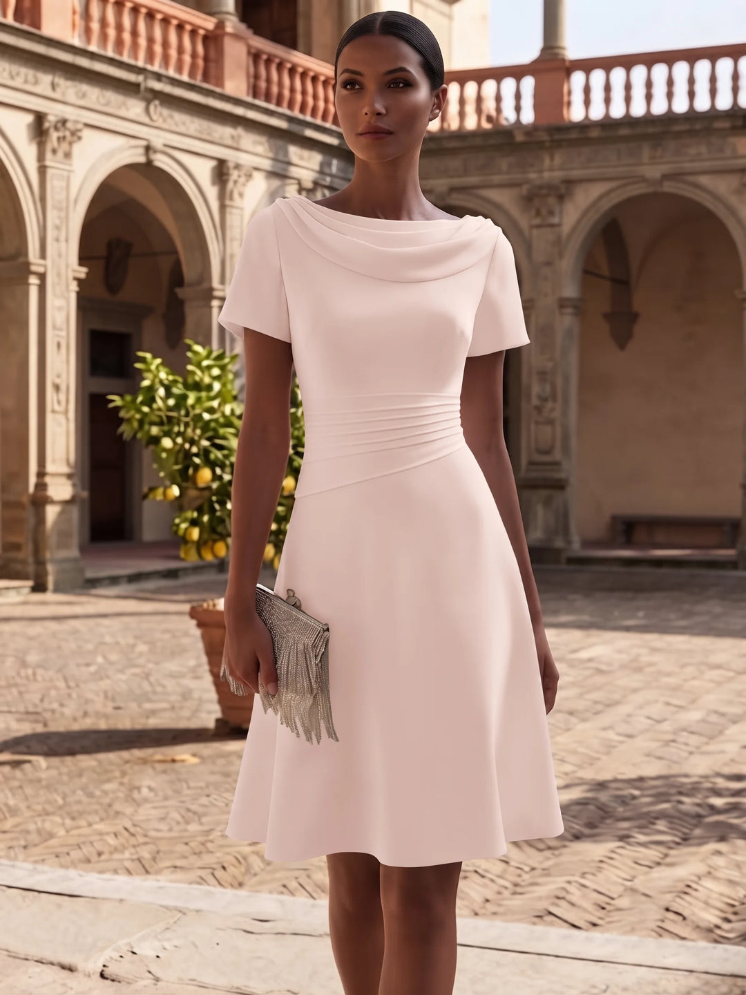 Robe de Cocktail Ligne A/Princesse en Satin Élastique Col Drapé Longueur Genou Froncée Manches Courtes