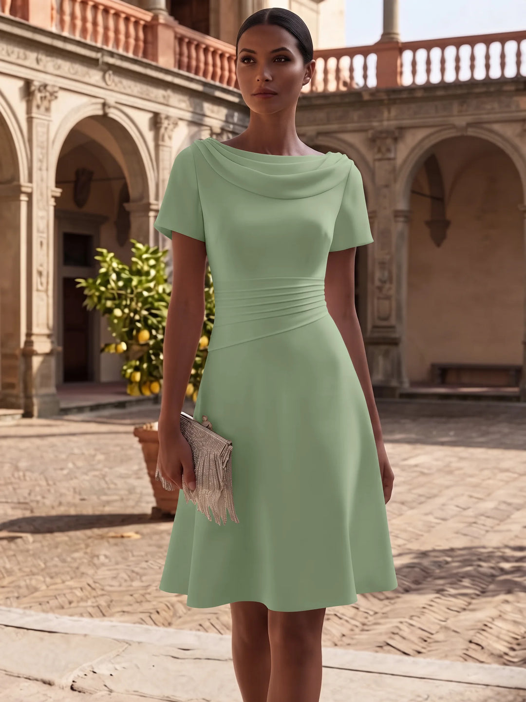 Robe de Cocktail Ligne A/Princesse en Satin Élastique Col Drapé Longueur Genou Froncée Manches Courtes