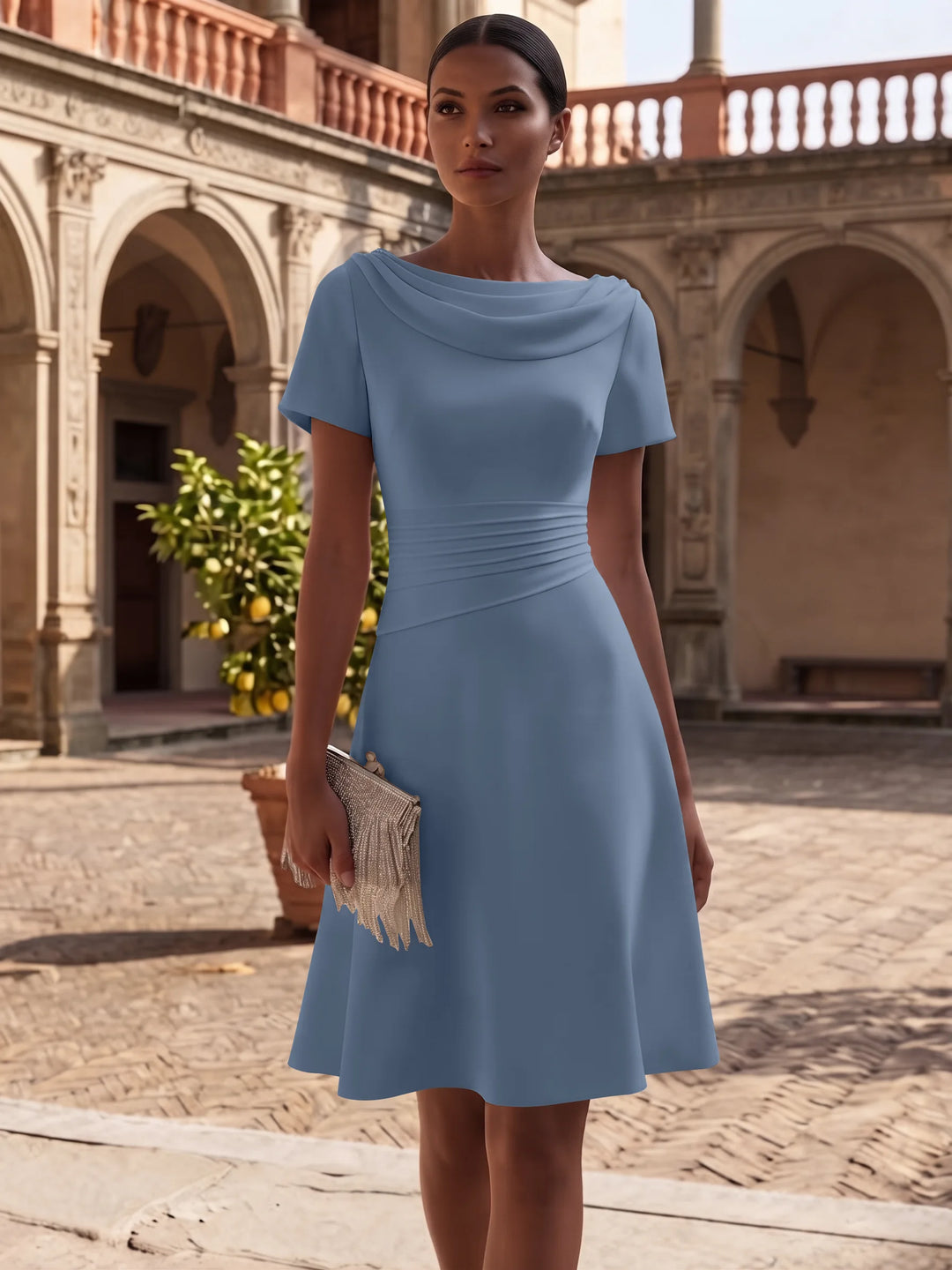 Robe de Cocktail Ligne A/Princesse en Satin Élastique Col Drapé Longueur Genou Froncée Manches Courtes