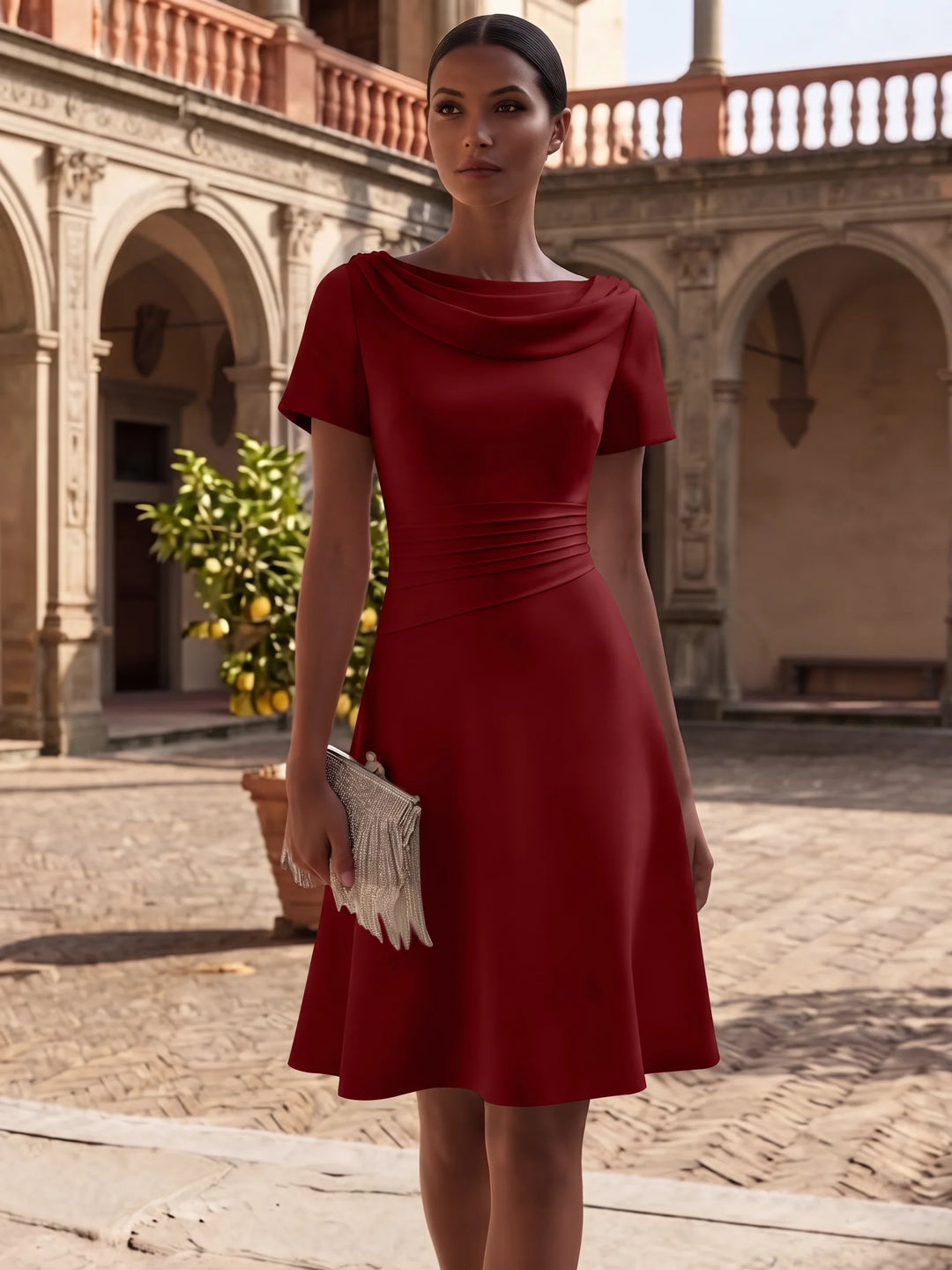 Robe de Cocktail Ligne A/Princesse en Satin Élastique Col Drapé Longueur Genou Froncée Manches Courtes