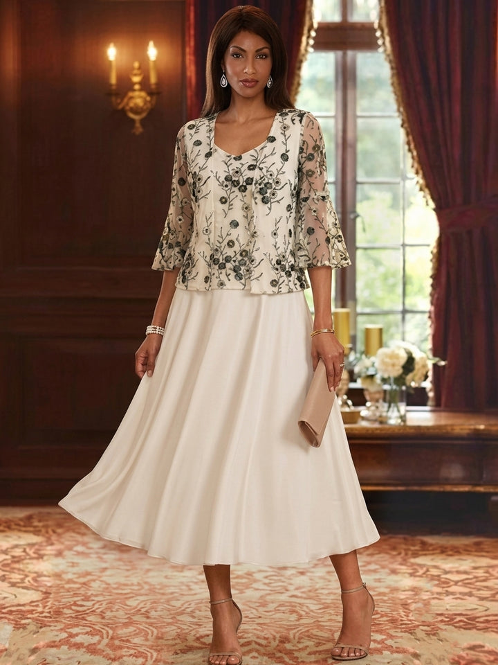 Robe Mère de la Mariée Ligne A/Princesse Florale Dentelle Brodée Col en V Manches 3/4 Longueur Midi avec Veste