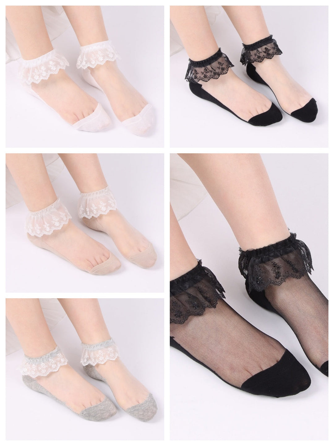 Lot de 5 Chaussettes Basses en Dentelle et Polyester pour Femme, Idéales pour Mariage, Travail, Vacances, Sexy, Lolita, Vintage, Rétro, Mignonnes, Cheville