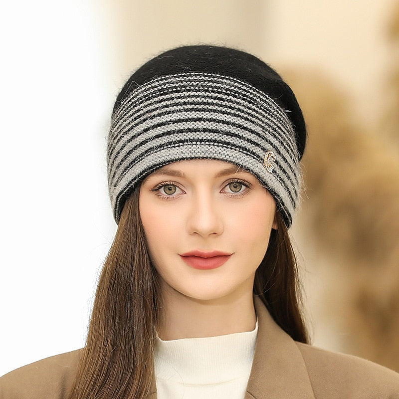Chapeau Ample Coupe-Vent pour Femme, Confortable, pour L'Extérieur, la Maison, le Quotidien, en Tricot, à Rayures, avec lettres