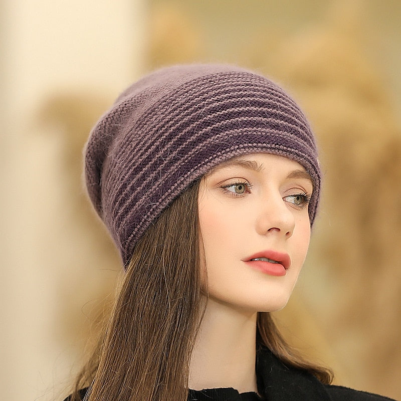 Chapeau Ample Coupe-Vent pour Femme, Confortable, pour L'Extérieur, la Maison, le Quotidien, en Tricot, à Rayures, avec lettres