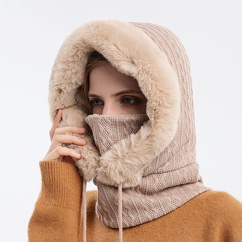 Ensemble de Bonnet et Masque en Fourrure Épaisse pour Femme, Bonnet Coupe-Vent, Bonnet Tricoté en Cachemire, Chaud, Hiver, Haute Qualité