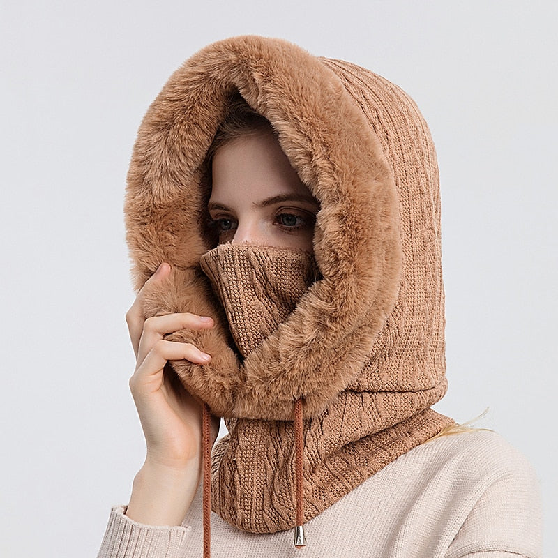 Ensemble de Bonnet et Masque en Fourrure Épaisse pour Femme, Bonnet Coupe-Vent, Bonnet Tricoté en Cachemire, Chaud, Hiver, Haute Qualité