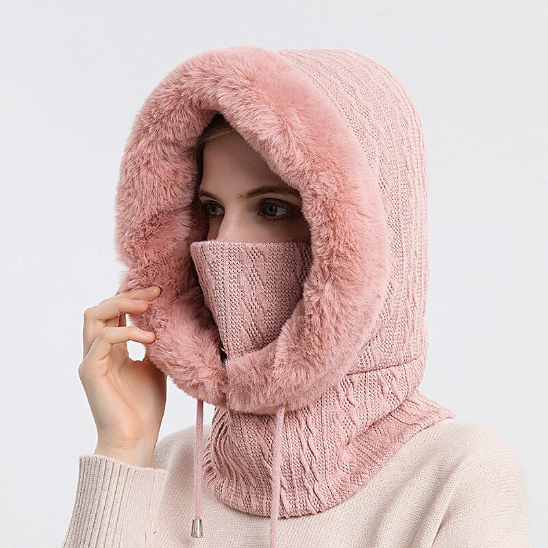 Ensemble de Bonnet et Masque en Fourrure Épaisse pour Femme, Bonnet Coupe-Vent, Bonnet Tricoté en Cachemire, Chaud, Hiver, Haute Qualité