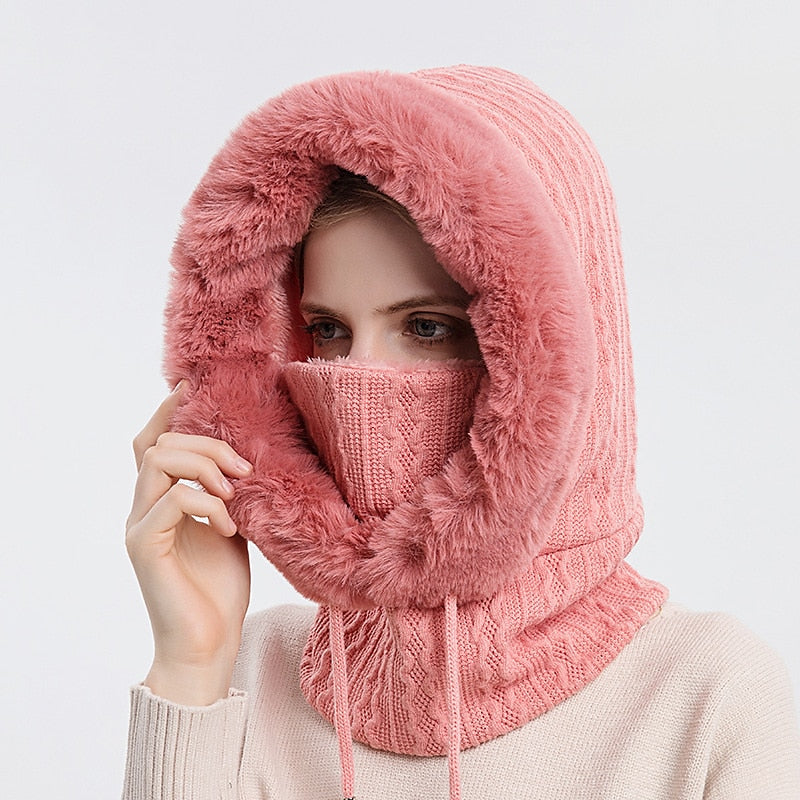 Ensemble de Bonnet et Masque en Fourrure Épaisse pour Femme, Bonnet Coupe-Vent, Bonnet Tricoté en Cachemire, Chaud, Hiver, Haute Qualité