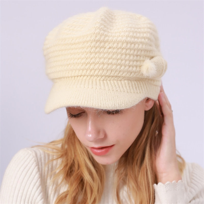 Bonnet Tricoté Thermique D'Extérieur avec Visière Solaire et Nœud et Pompons pour Femme