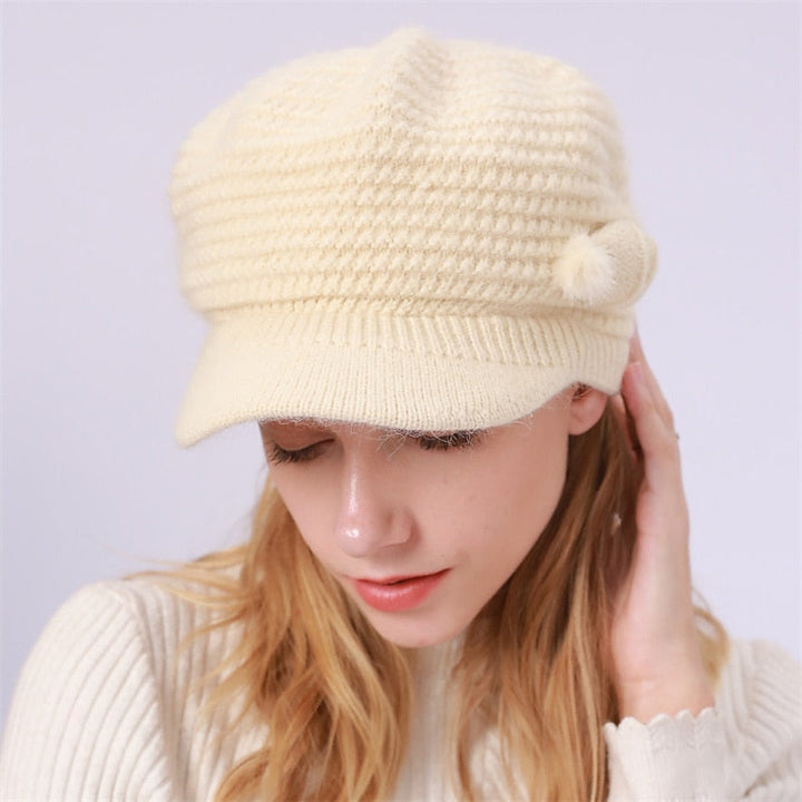 Bonnet Tricoté Thermique D'Extérieur avec Visière Solaire et Nœud et Pompons pour Femme