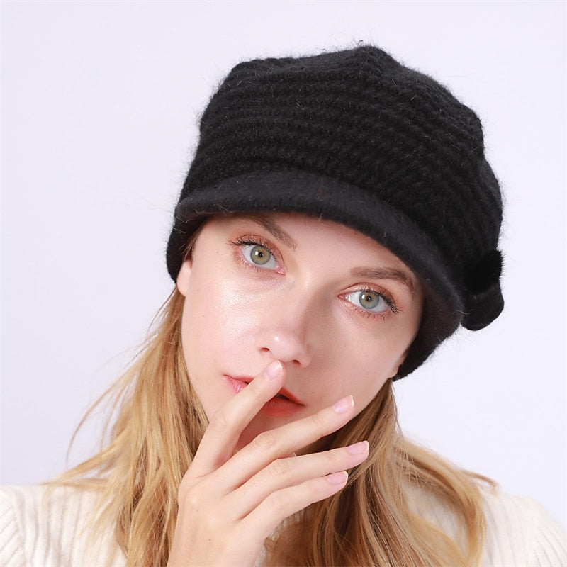 Bonnet Tricoté Thermique D'Extérieur avec Visière Solaire et Nœud et Pompons pour Femme