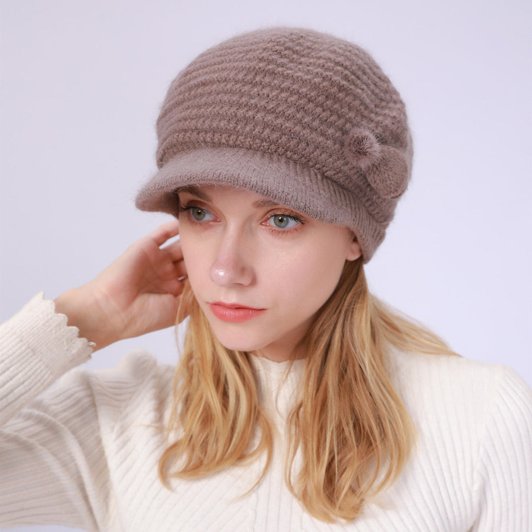 Bonnet Tricoté Thermique D'Extérieur avec Visière Solaire et Nœud et Pompons pour Femme