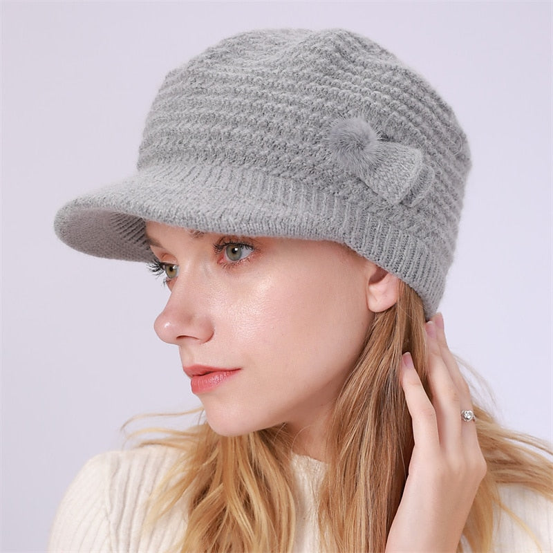 Bonnet Tricoté Thermique D'Extérieur avec Visière Solaire et Nœud et Pompons pour Femme