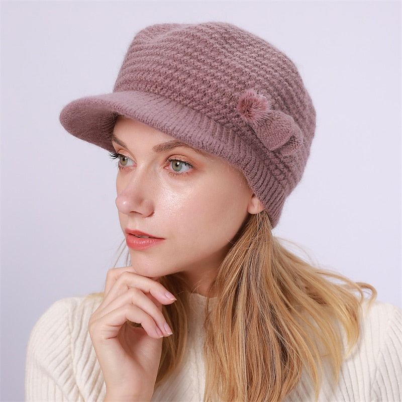 Bonnet Tricoté Thermique D'Extérieur avec Visière Solaire et Nœud et Pompons pour Femme