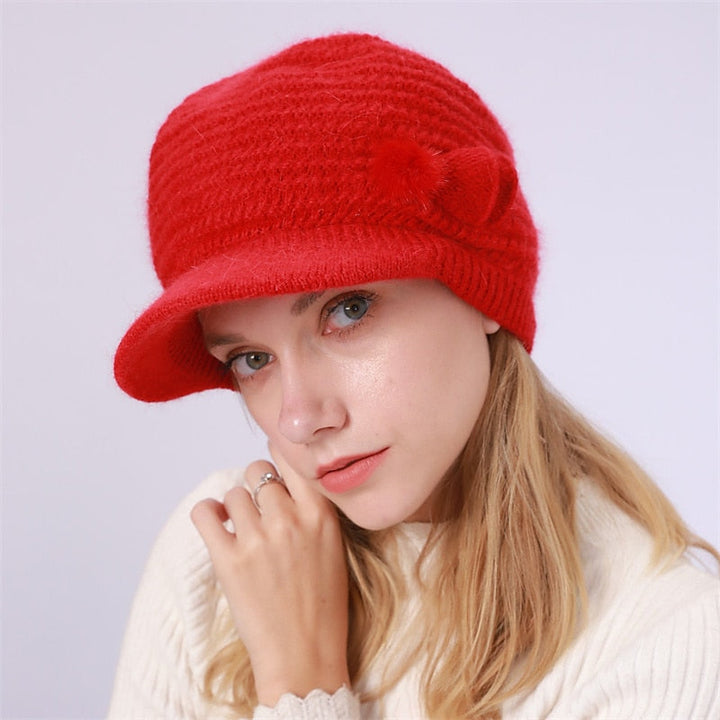 Bonnet Tricoté Thermique D'Extérieur avec Visière Solaire et Nœud et Pompons pour Femme
