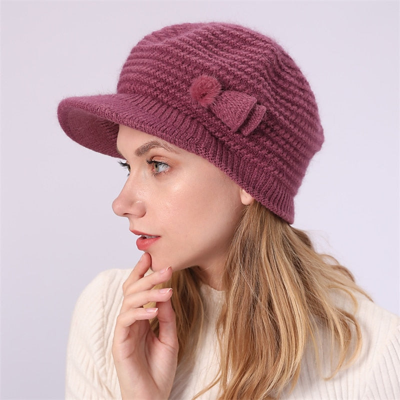 Bonnet Tricoté Thermique D'Extérieur avec Visière Solaire et Nœud et Pompons pour Femme