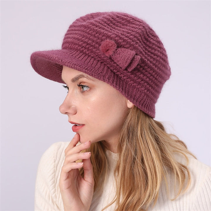 Bonnet Tricoté Thermique D'Extérieur avec Visière Solaire et Nœud et Pompons pour Femme