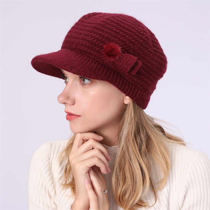 Bonnet Tricoté Thermique D'Extérieur avec Visière Solaire et Nœud et Pompons pour Femme