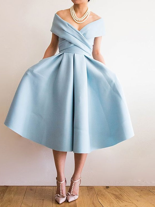 Robe de Bal Trapèze/Princesse à Épaules Dénudées et Longueur Thé