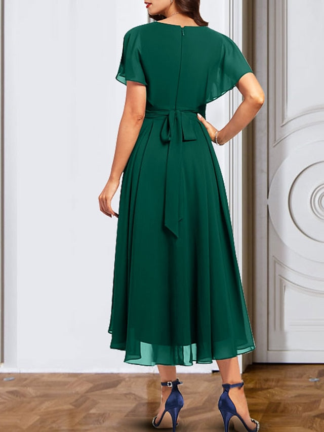 Robe de Mère de la Mariée en Mousseline de Soie à Col en V et Manches Courtes avec Ceinture