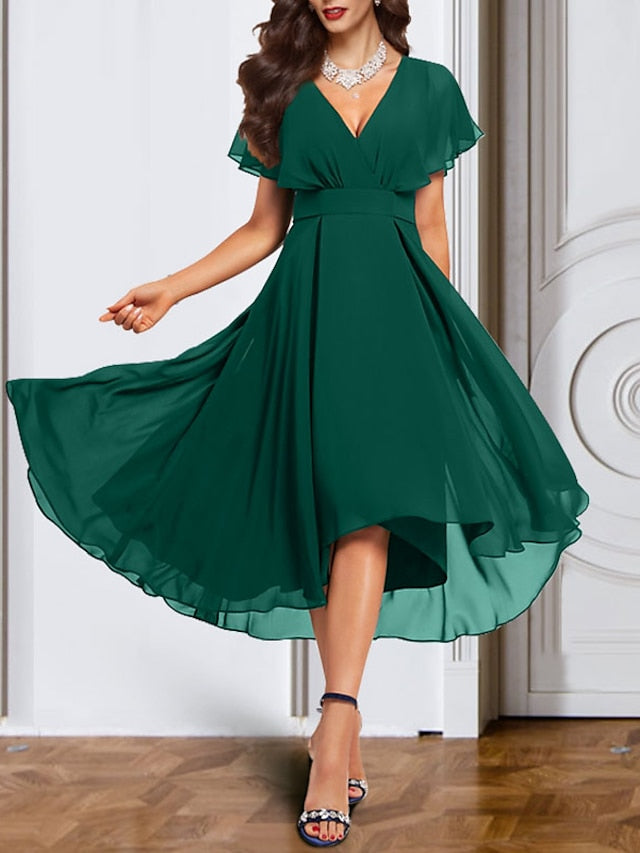 Robe de Mère de la Mariée en Mousseline de Soie à Col en V et Manches Courtes avec Ceinture