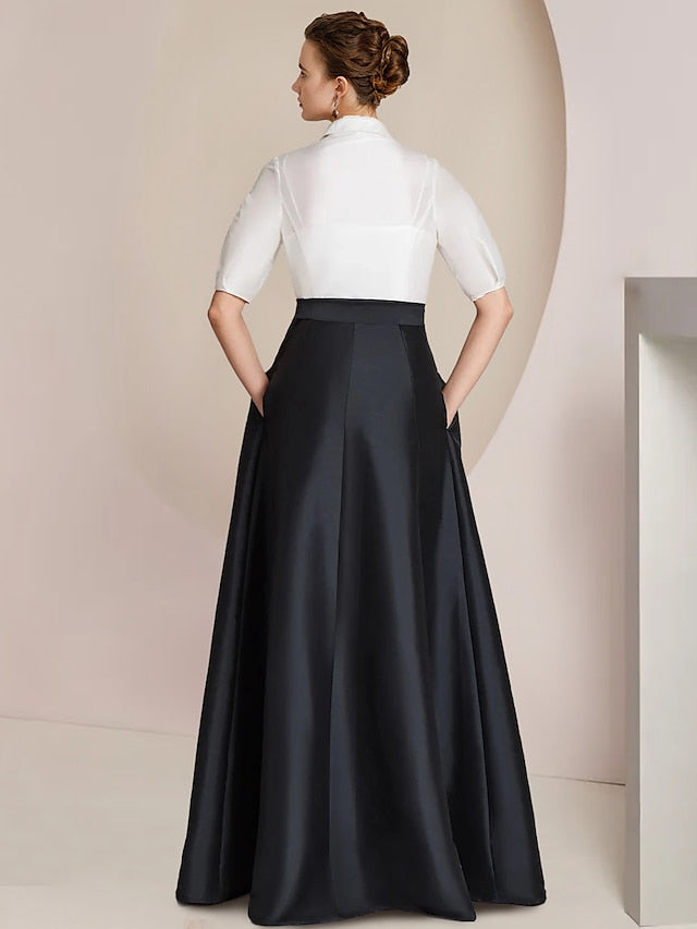 Robe Mère de la Mariée 2 Pièces Coupe A-Line/Princess, Col Chemise, Manches Courtes, Longueur Au Sol, avec Nœud
