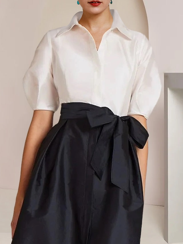 Robe Mère de la Mariée 2 Pièces Coupe A-Line/Princess, Col Chemise, Manches Courtes, Longueur Au Sol, avec Nœud