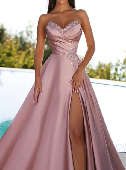 Robe de Bal de Fin D'Année à Fleurs, Coupe A-Line/Princesse, Sans Bretelles, Longueur Au Sol, avec Fente Sur le Côté