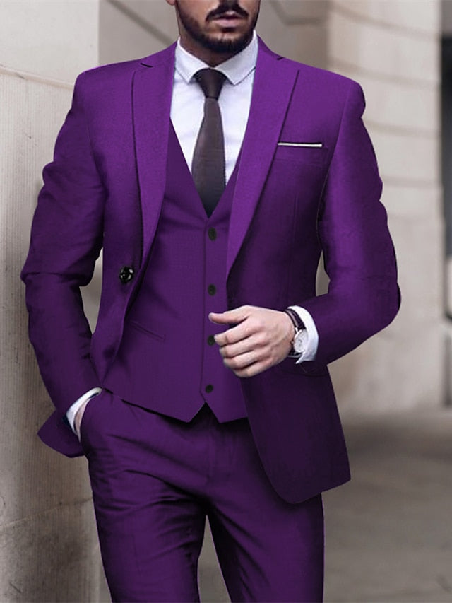 Costumes de Mariage 3 Pièces pour Hommes, Coupe Ajustée, Simple Boutonnage et Un Bouton
