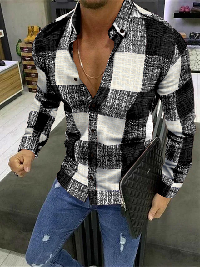 Chemise Décontractée à Manches Longues en Coton Mélangé à Carreaux et Blocs de Couleurs pour Hommes