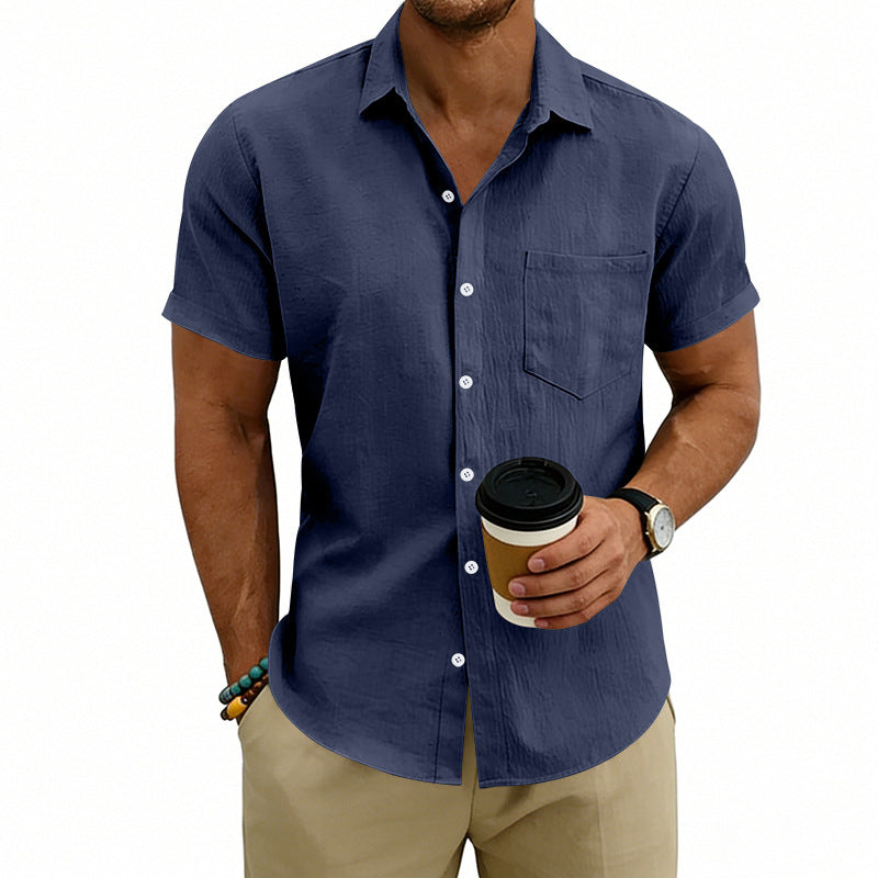 Chemise décontractée pour homme, manches courtes, unie, en Lin
