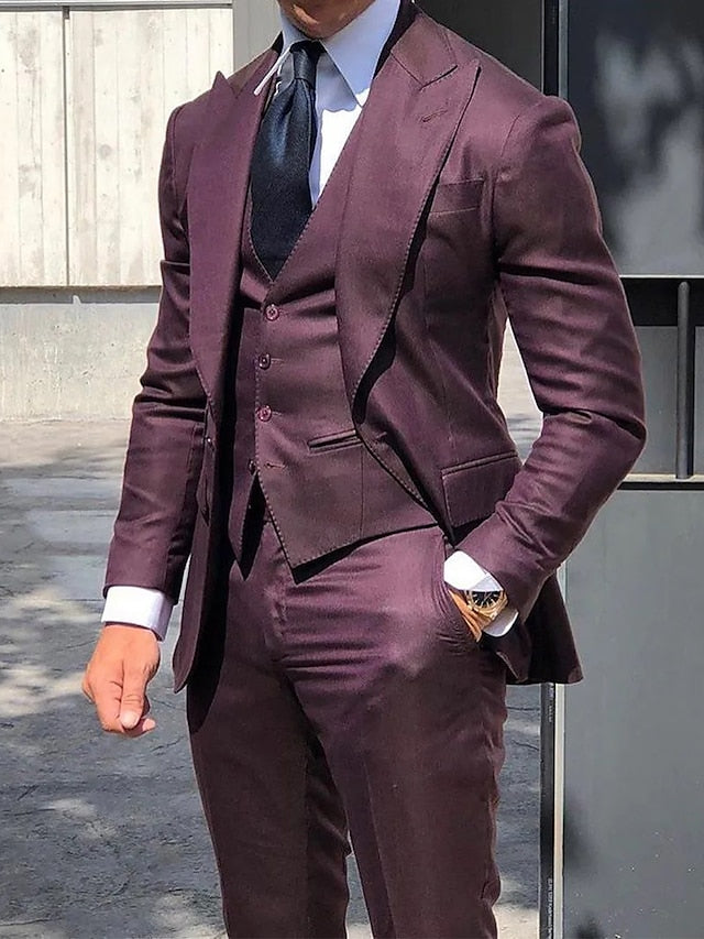 Costumes de Mariage 3 Pièces pour Hommes, Coupe Ajustée, Simple Boutonnage et Un Bouton