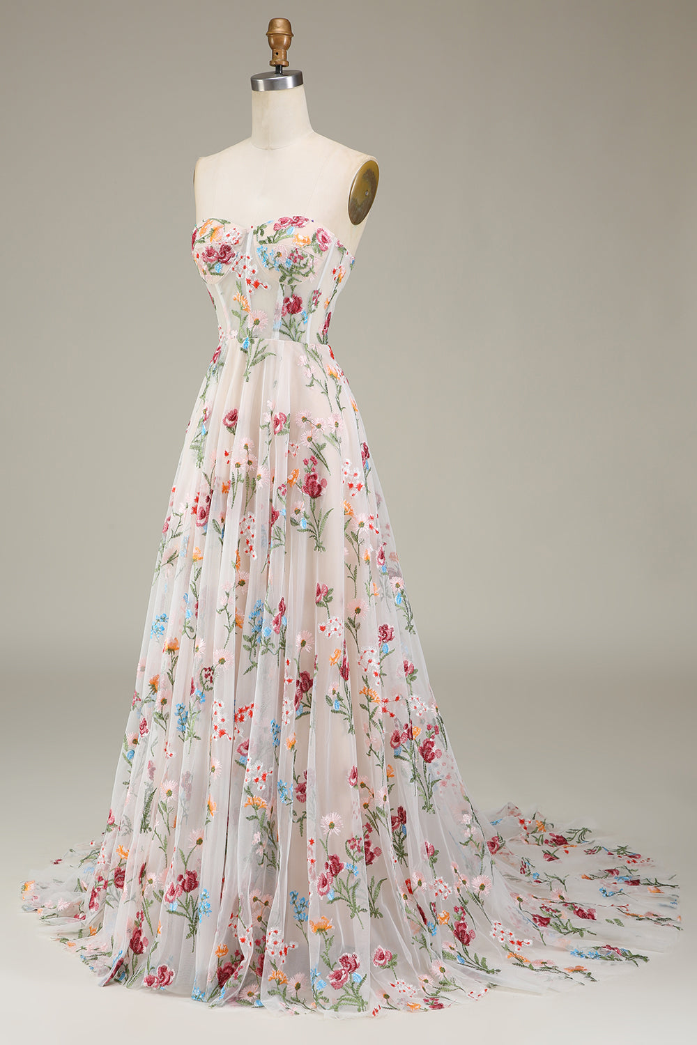 Forme Princesse Amoureux Sans bretelles Longueur ras du sol Floral Robe de soirée avec Broderie