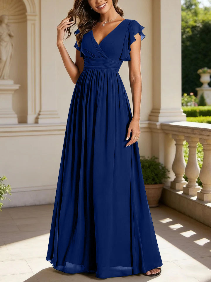 Robe de demoiselle d'honneur en mousseline de soie avec manches à volants et découpes au dos
