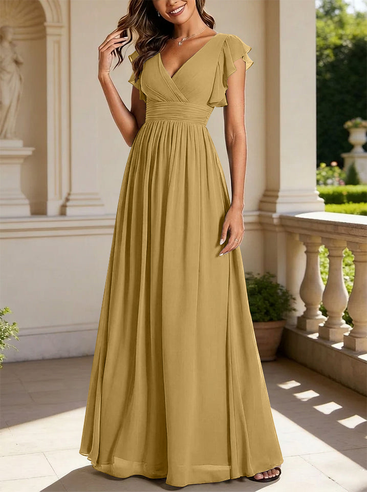 Robe de demoiselle d'honneur en mousseline de soie avec manches à volants et découpes au dos