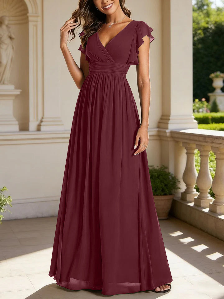 Robe de demoiselle d'honneur en mousseline de soie avec manches à volants et découpes au dos