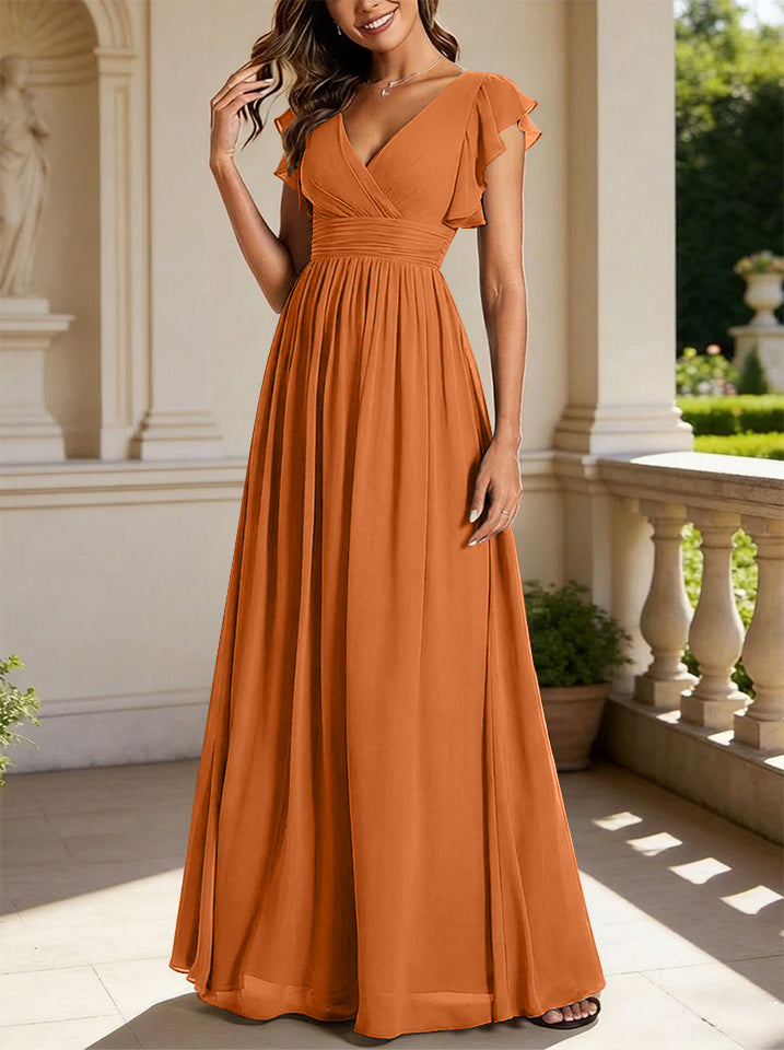 Robe de demoiselle d'honneur en mousseline de soie avec manches à volants et découpes au dos