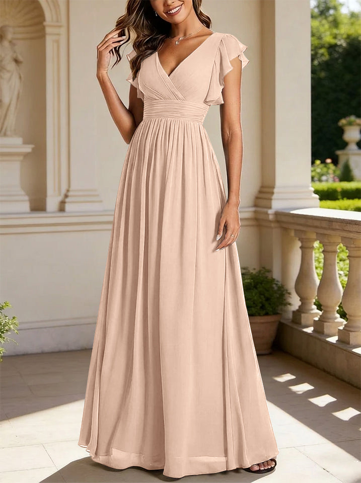 Robe de demoiselle d'honneur en mousseline de soie avec manches à volants et découpes au dos