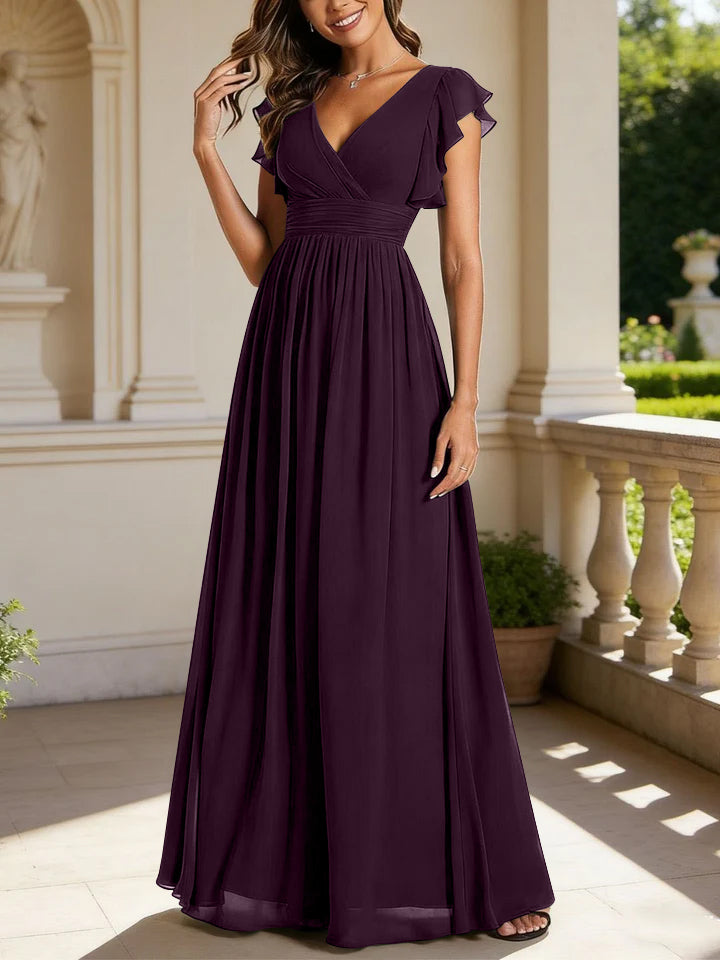 Robe de demoiselle d'honneur en mousseline de soie avec manches à volants et découpes au dos