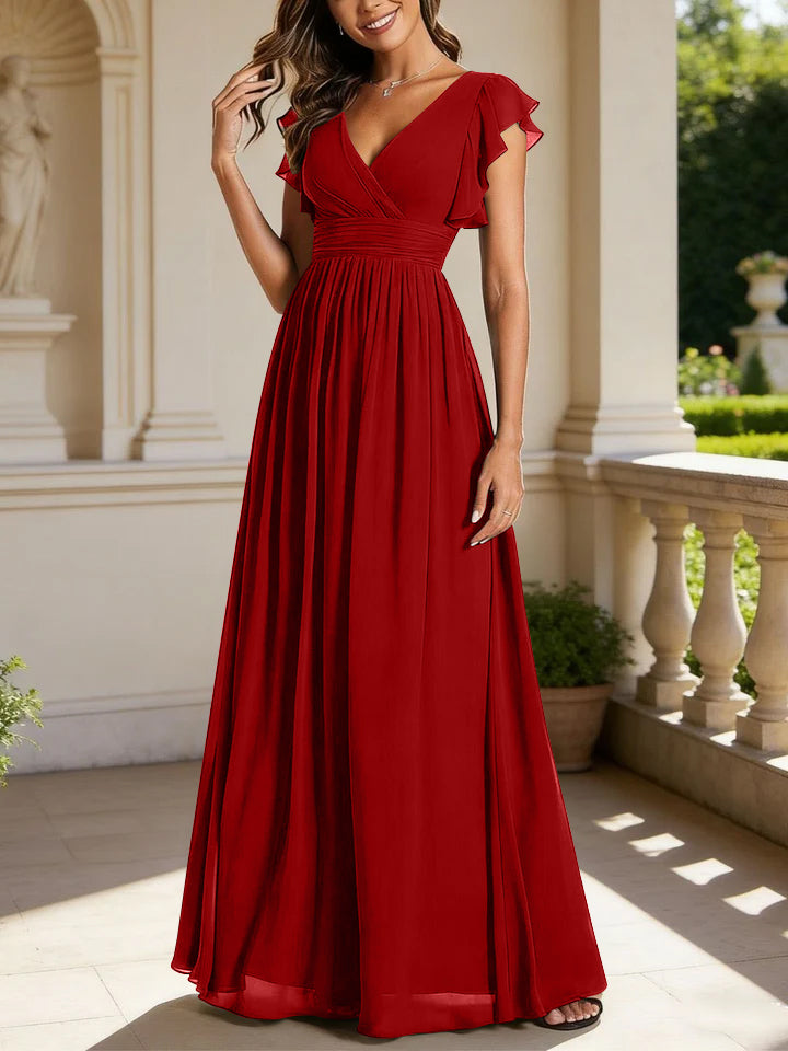 Robe de demoiselle d'honneur en mousseline de soie avec manches à volants et découpes au dos