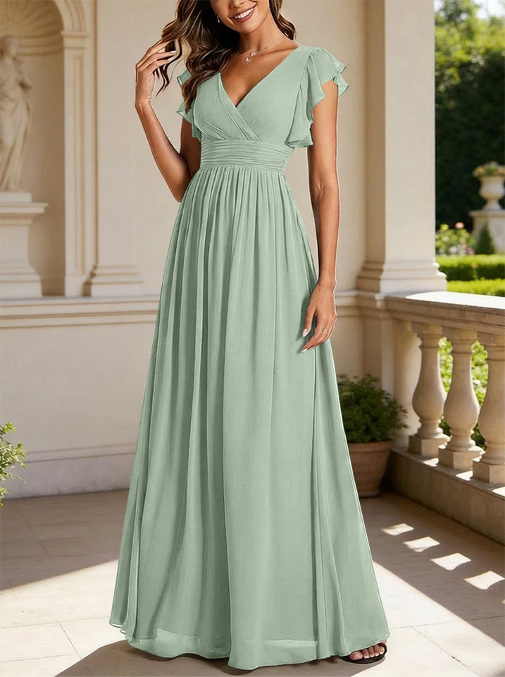 Robe de demoiselle d'honneur en mousseline de soie avec manches à volants et découpes au dos