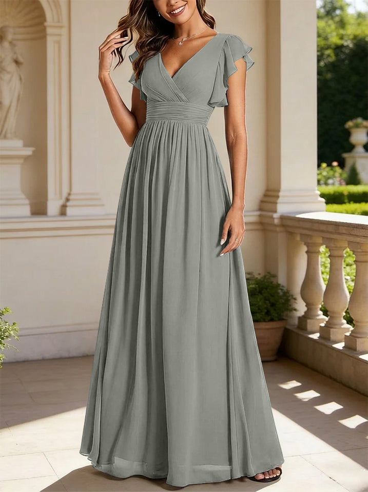 Robe de demoiselle d'honneur en mousseline de soie avec manches à volants et découpes au dos
