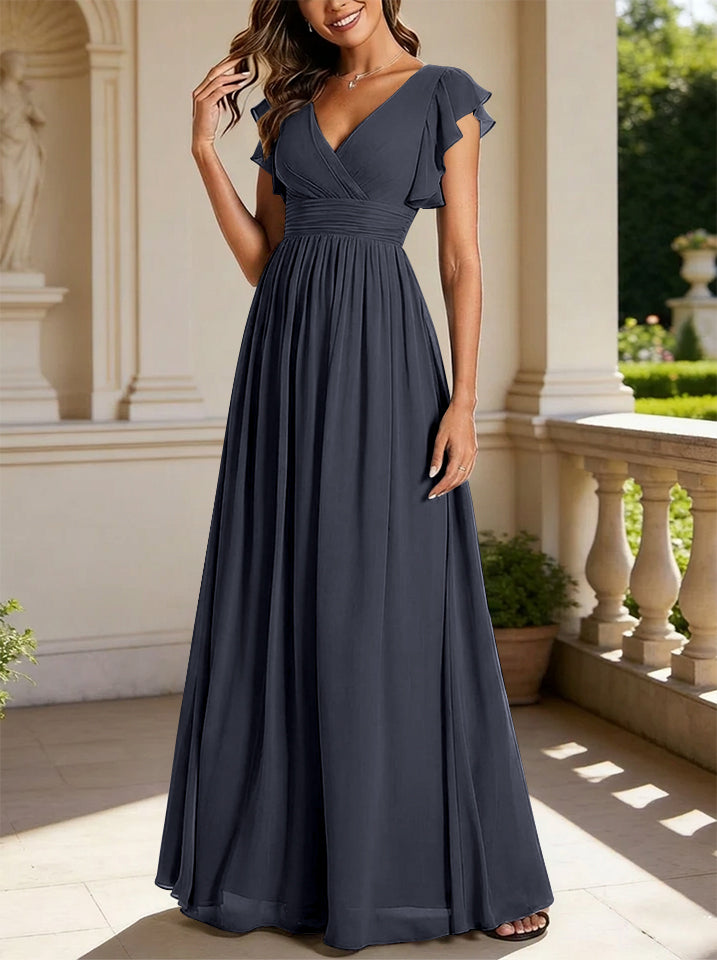 Robe de demoiselle d'honneur en mousseline de soie avec manches à volants et découpes au dos