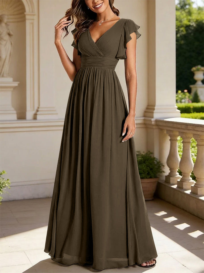 Robe de demoiselle d'honneur en mousseline de soie avec manches à volants et découpes au dos