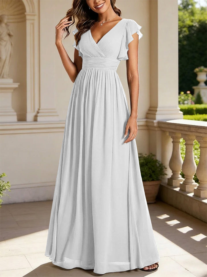 Robe de demoiselle d'honneur en mousseline de soie avec manches à volants et découpes au dos