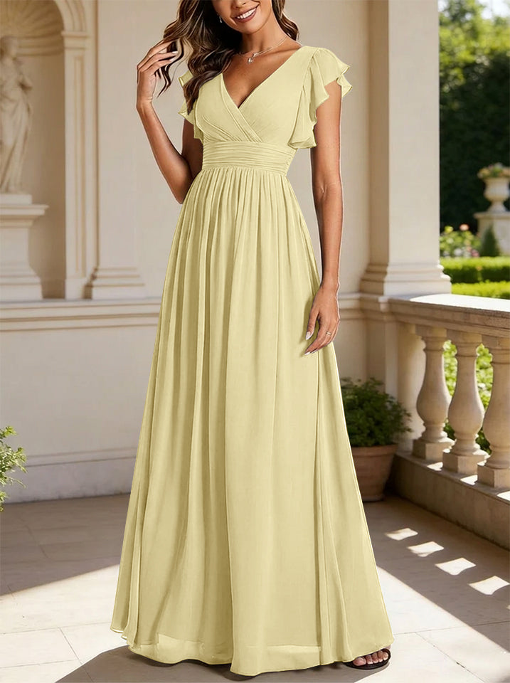 Robe de demoiselle d'honneur en mousseline de soie avec manches à volants et découpes au dos